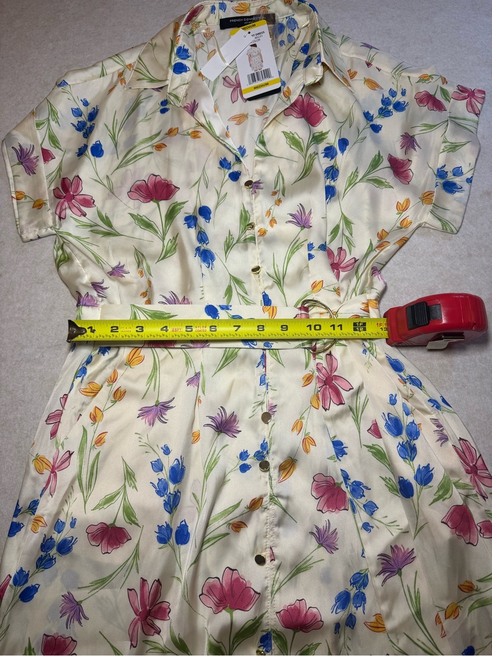 French Connection Women's Short Shirt Cream Floral Buckle Belt Dress Size M NWT - Picture 6 of 11